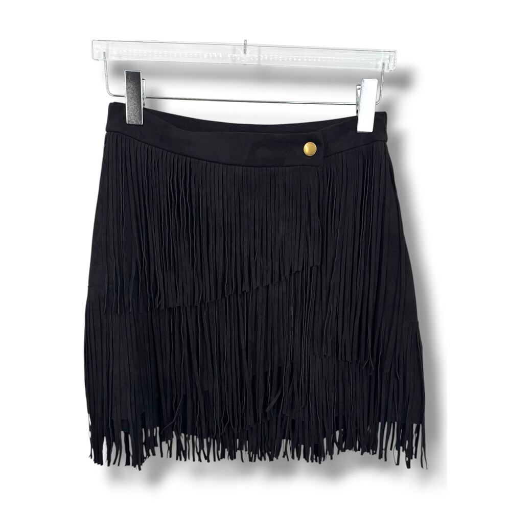 Blue B skirt women's M mini wrap tiered fringe western boho ranch rodeo black